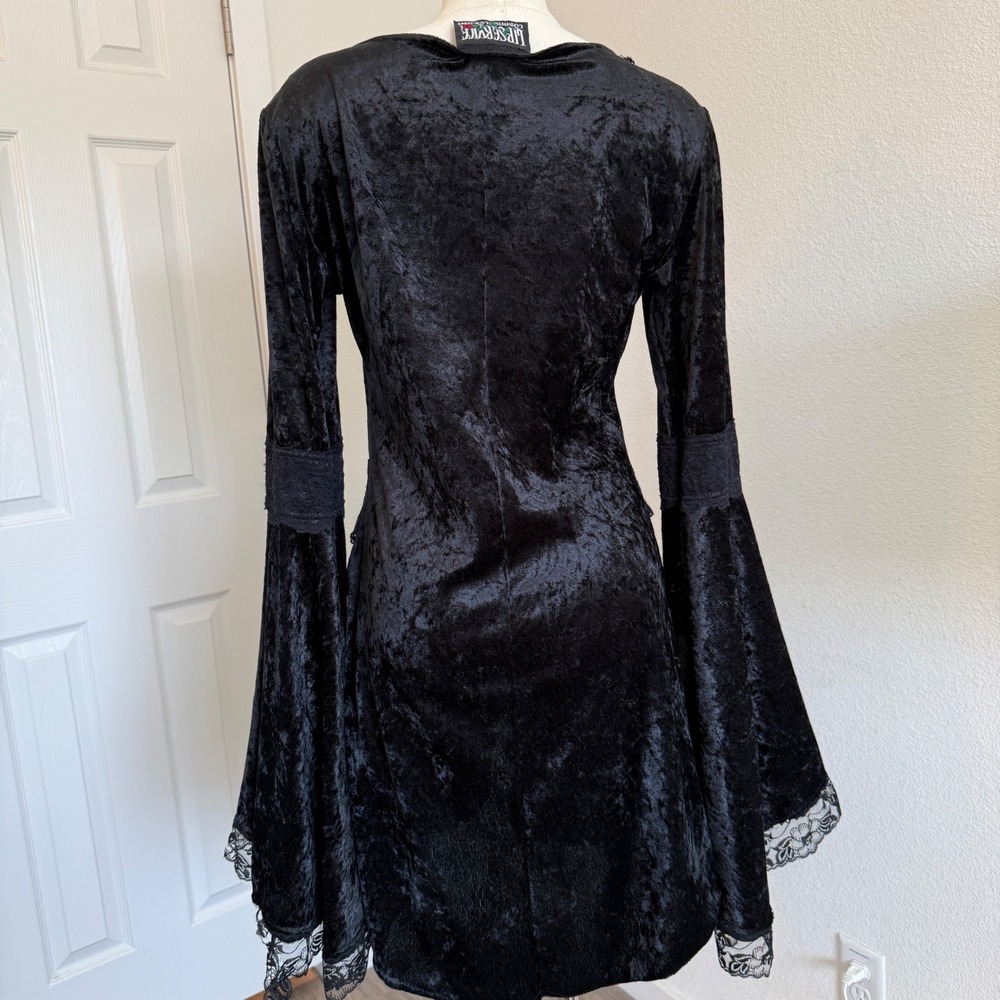 VTG Lip Service Black Crushed Velvet Lace Up Bell Sleeve Tunic Top M Dress  USA - Picture 10 of 12